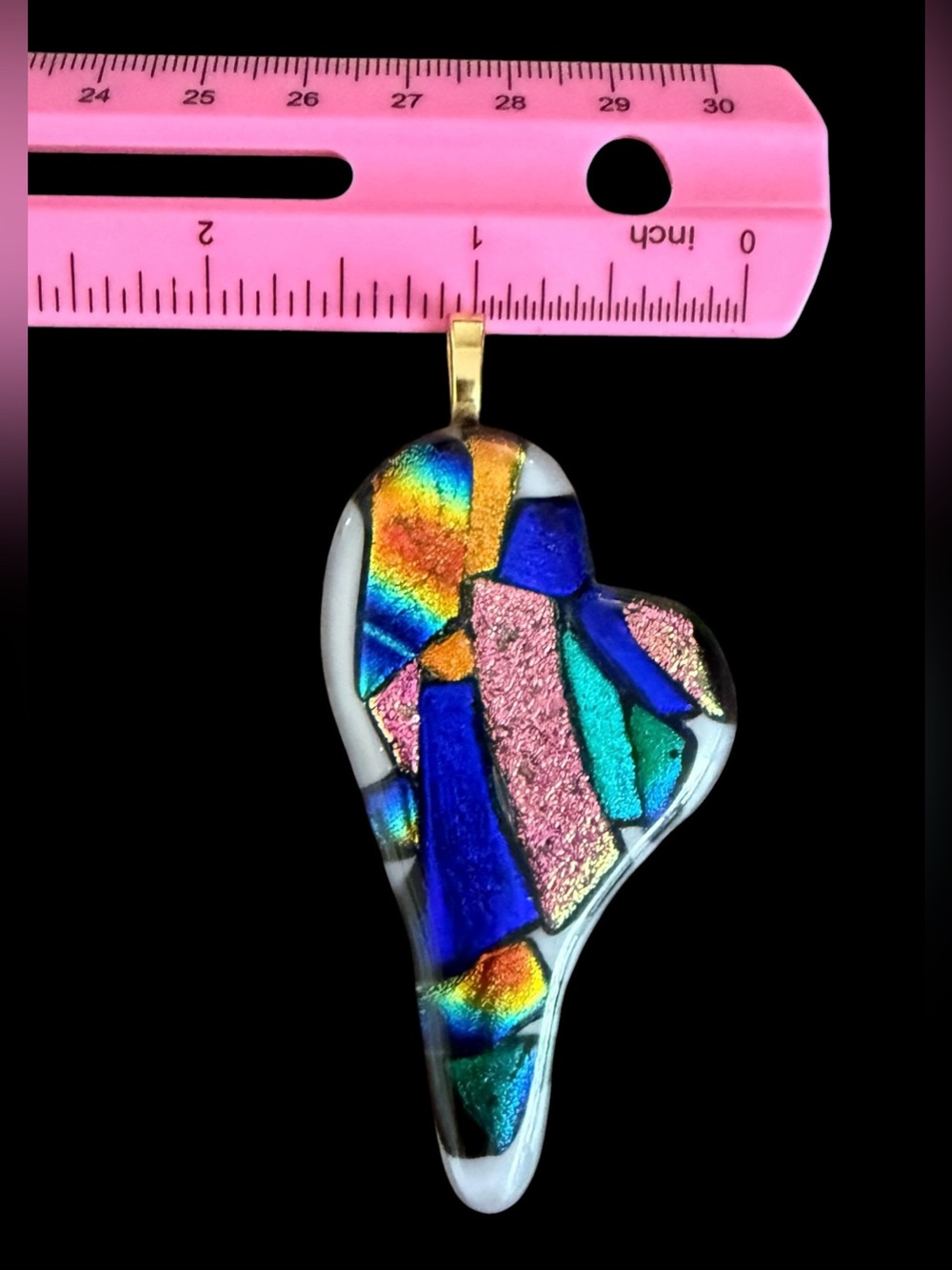 Vintage Dichroic Glass Asymmetrical Heart Pendant- Flat Back Art Glass Colorful - Picture 4 of 8